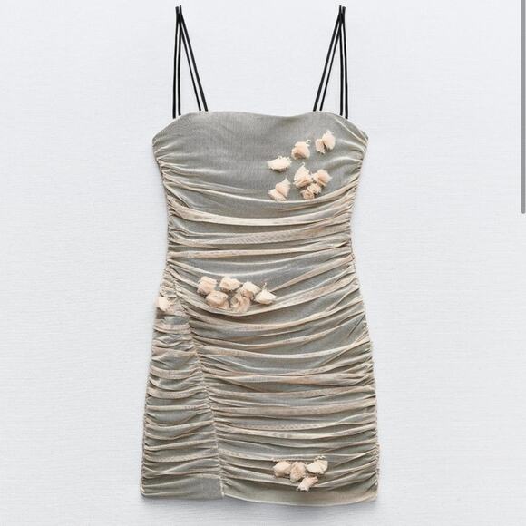 Zara Double Strap Beige Tulle Dress with Floral Accents Small - Picture 5 of 15